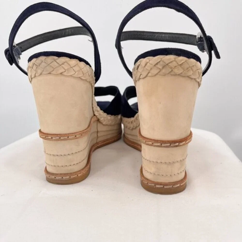 Stuart Weitzman Wedge Heeled Sandals Suede Navy Blue/Ivory 11.5 Ankle Strap Open